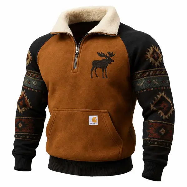 Men's Vintage Western Cowboy Suede Aztec Moose Embroidered Quarter-Zip Fleece Stand Collar Long Sleeve Sweatshirt - Wayrates.com 