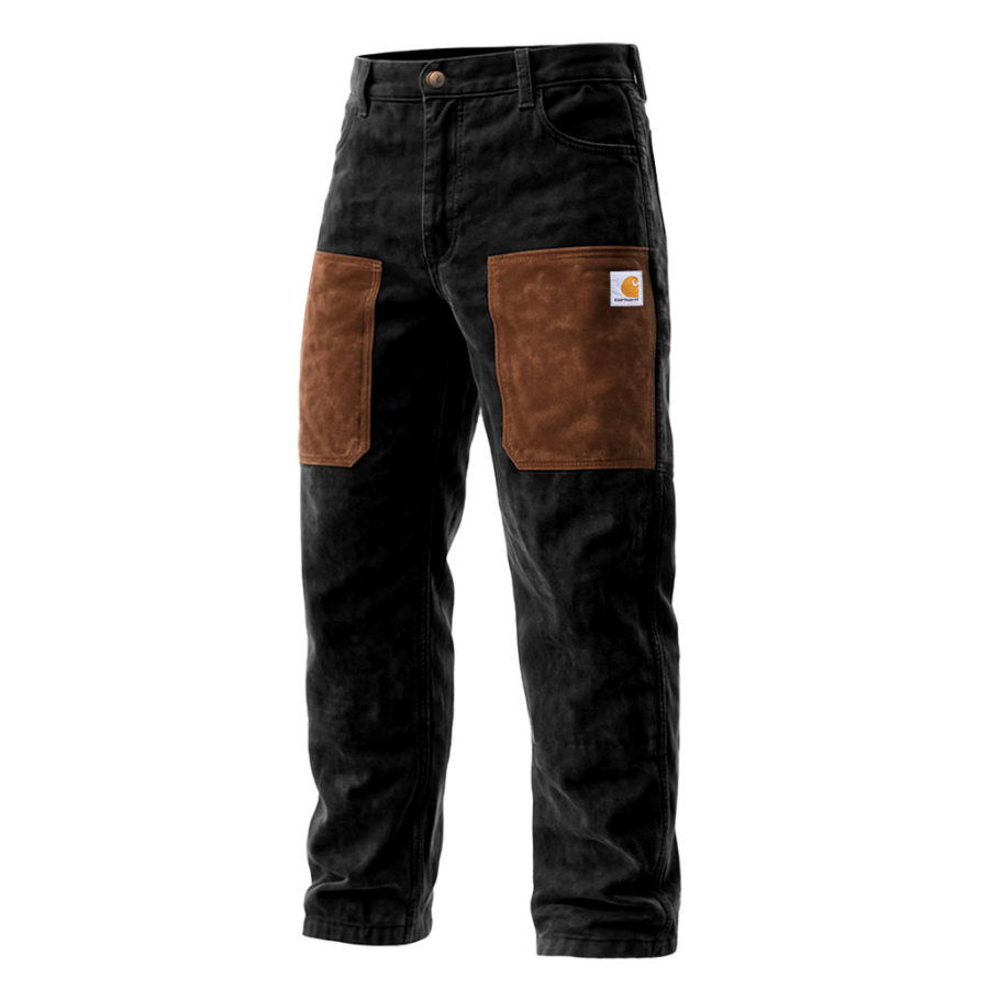 Men's Vintage Western Cowboy Black Denim And Brown Suede Panel Workwear Cargo Pants And Trousers