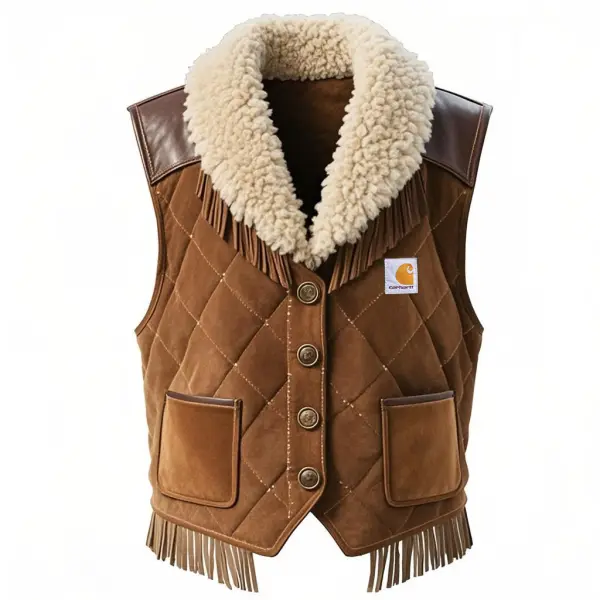 Men's Vintage Western Cowboy Brown Quilted Suede And Leather Pocket Tassel Lapel Shearling Vest - Wayrates.com 