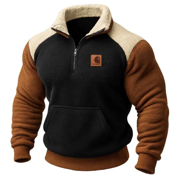 Men's Vintage Western Cowboy Fleece Block Pocket Long Sleeve Stand Collar Sweatshirt - Wayrates.com 