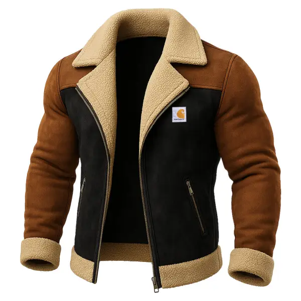 Men's Vintage Western Cowboy Brown And Black Suede Lapel Shearling Jacket - Wayrates.com 