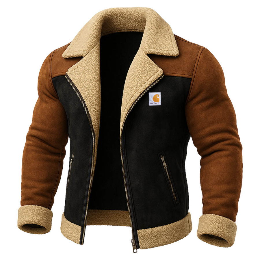 

Men's Vintage Western Cowboy Brown And Black Suede Lapel Shearling Jacket