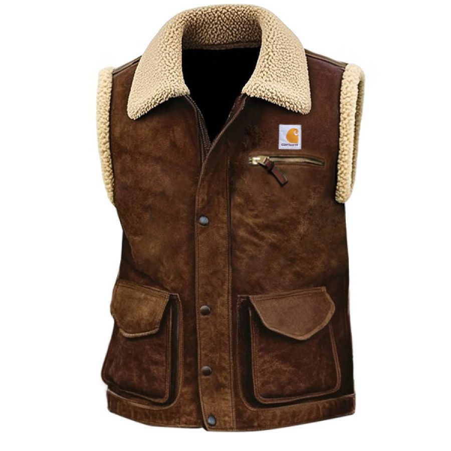 

Men's Vintage Western Cowboy Brown Suede Multi-Pocket Fleece Lapel Shearling Vest