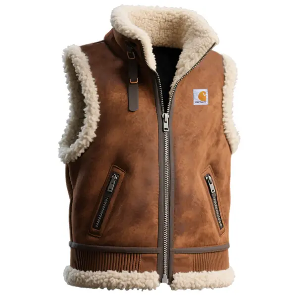 Men's Vintage Western Cowboy Brown Suede Fleece Stand Collar Shearling Vest - Wayrates.com 