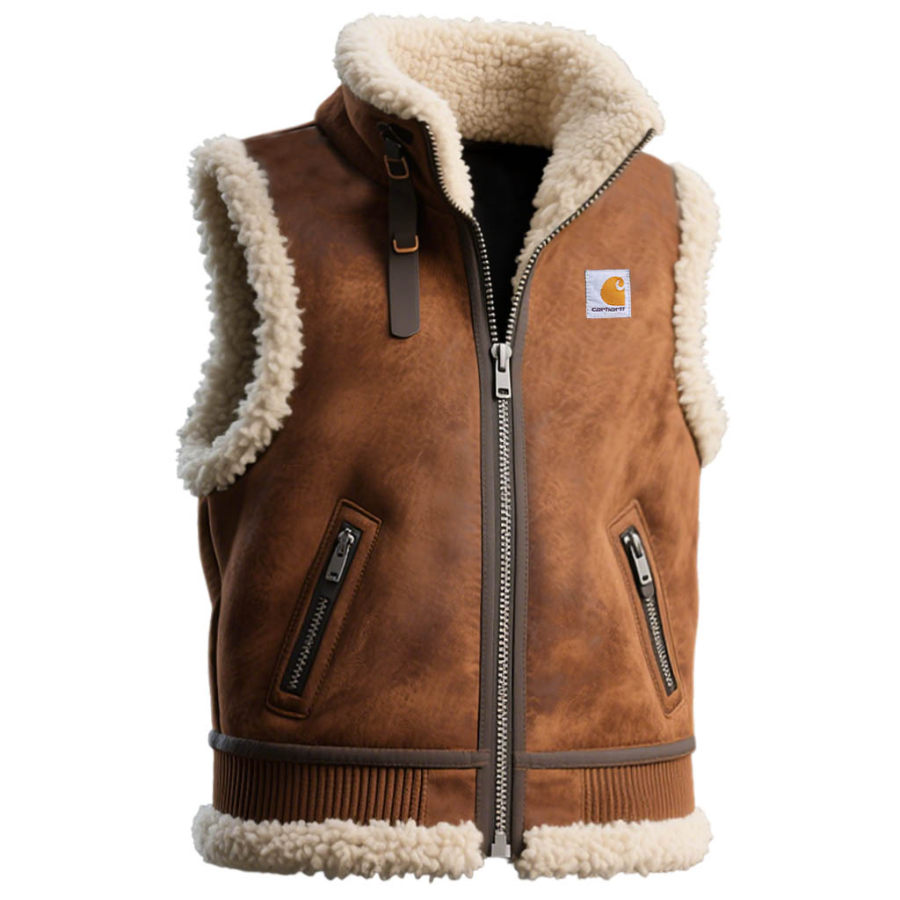 

Men's Vintage Western Cowboy Brown Suede Fleece Stand Collar Shearling Vest