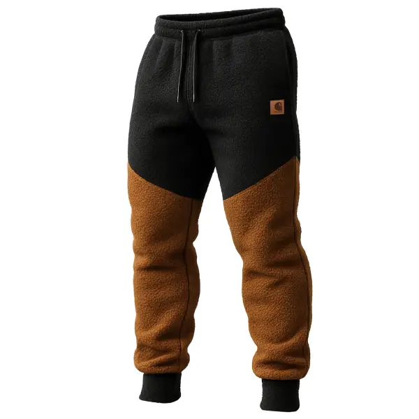 Men's Vintage Western Cowboy Fleece Black And Brown Panel Elastic Drawstring Pants Trousers - Wayrates.com 
