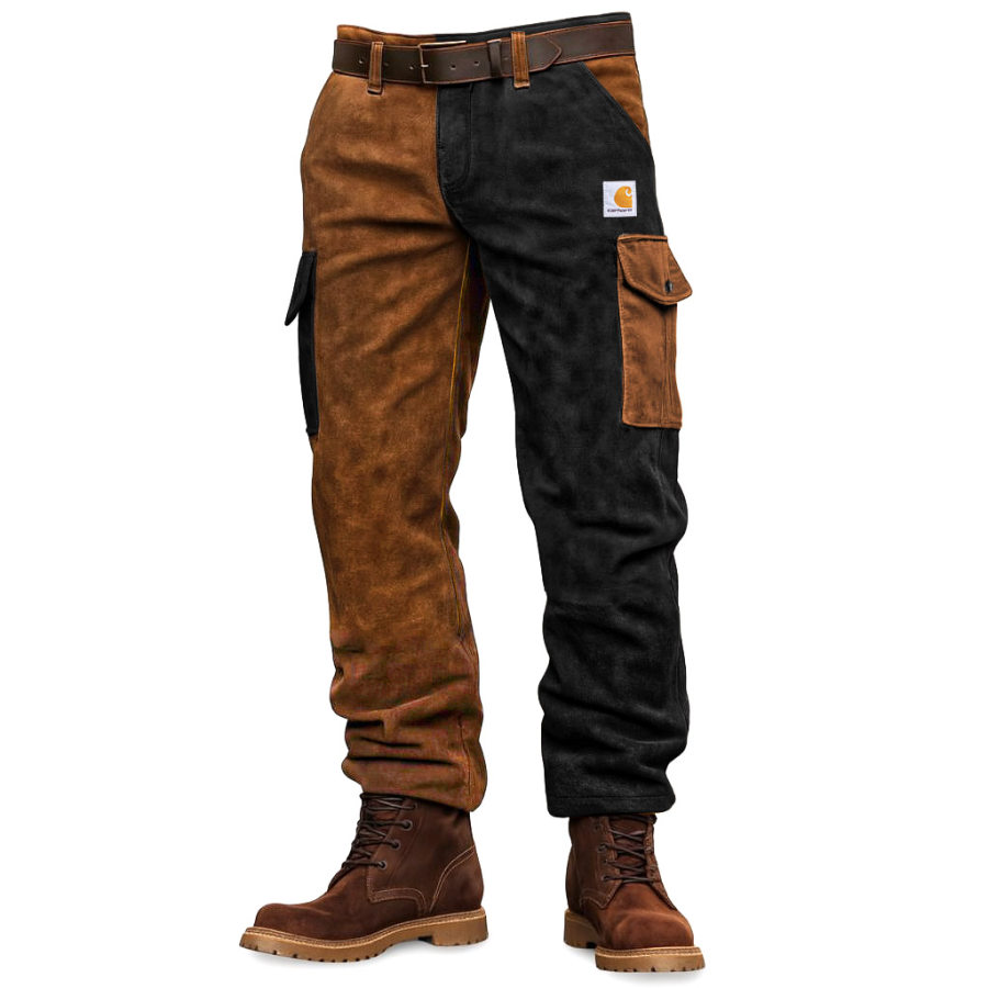 

Men's Vintage Western Cowboy Black And Brown Suede Block Workwear Cargo Pants Trousers