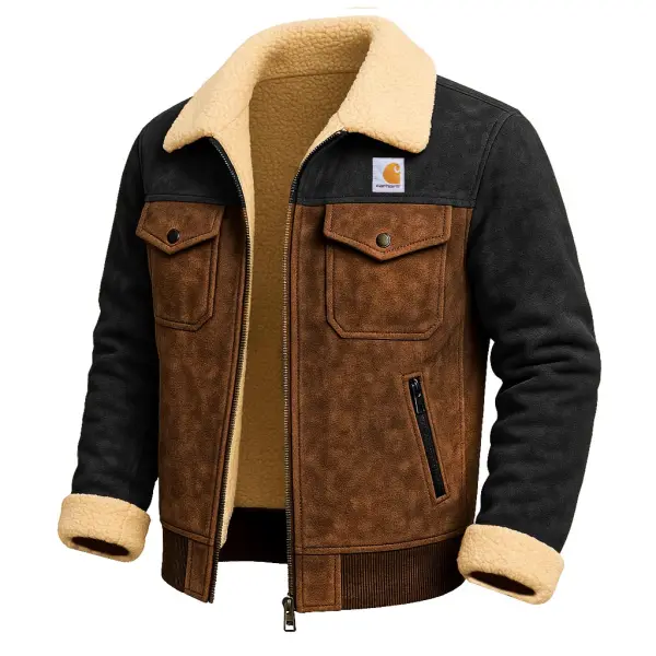 Men's Vintage Western Cowboy Black And Brown Suede Block Pocket Fleece Shearling Jacket - Wayrates.com 