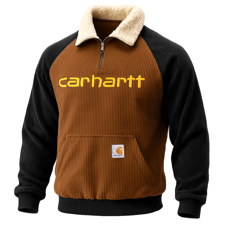 

Men's Vintage Corduroy Western Cowboy Brown And Black Pocket Raglan Long Sleeve Quarter Zip Fleece Lapel Sweatshirt