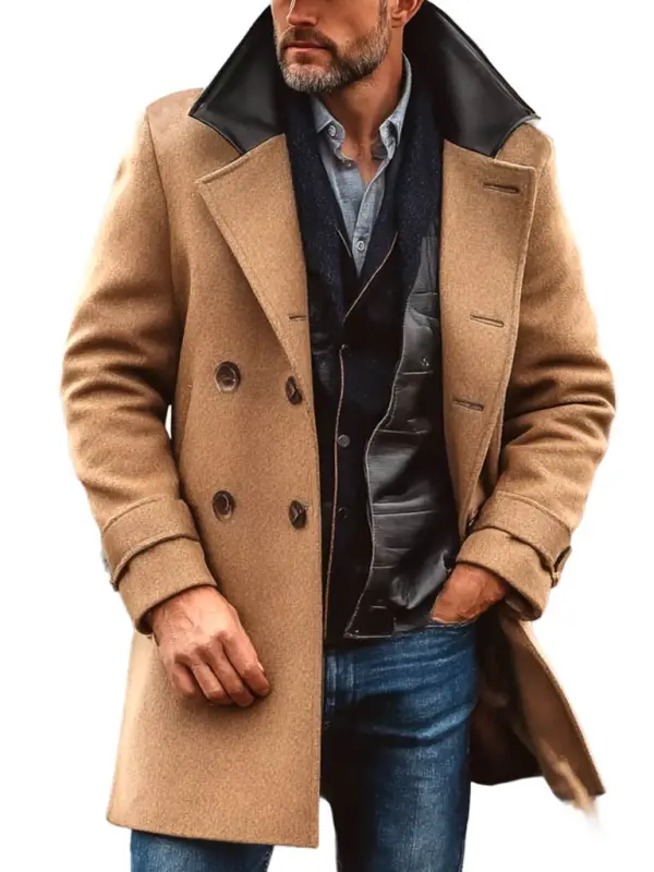 Men's Vintage Western Cowboy Wool Leather Contrast Lapel Midi Jacket Coat - Simplyion.com 