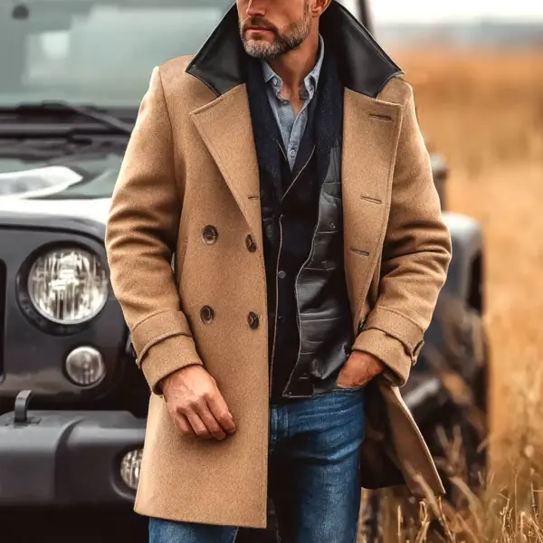 Men's Vintage Western Cowboy Wool Leather Contrast Lapel Midi Jacket Coat - Wayrates.com 