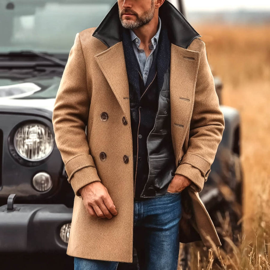 

Men's Vintage Western Cowboy Wool Leather Contrast Lapel Midi Jacket Coat