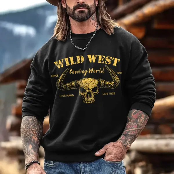 Men's Vintage Western Cowboy Skull Wild Print Crewneck Long Sleeve Sweatshirt - Wayrates.com 
