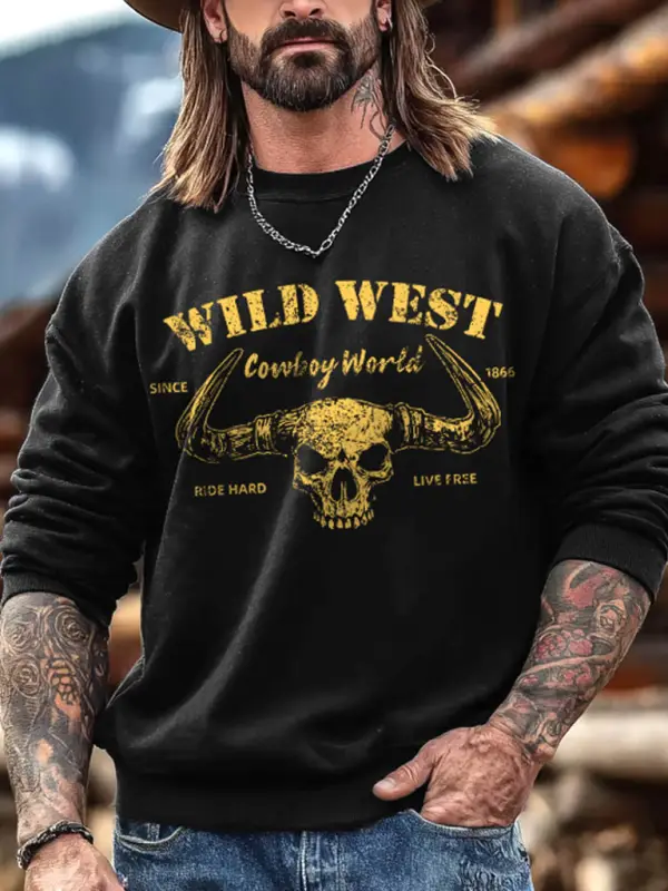 Men's Vintage Western Cowboy Skull Wild Print Crewneck Long Sleeve Sweatshirt - Wantbright.com 