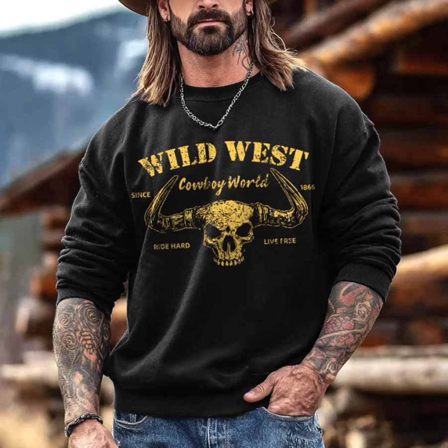 

Men's Vintage Western Cowboy Skull Wild Print Crewneck Long Sleeve Sweatshirt