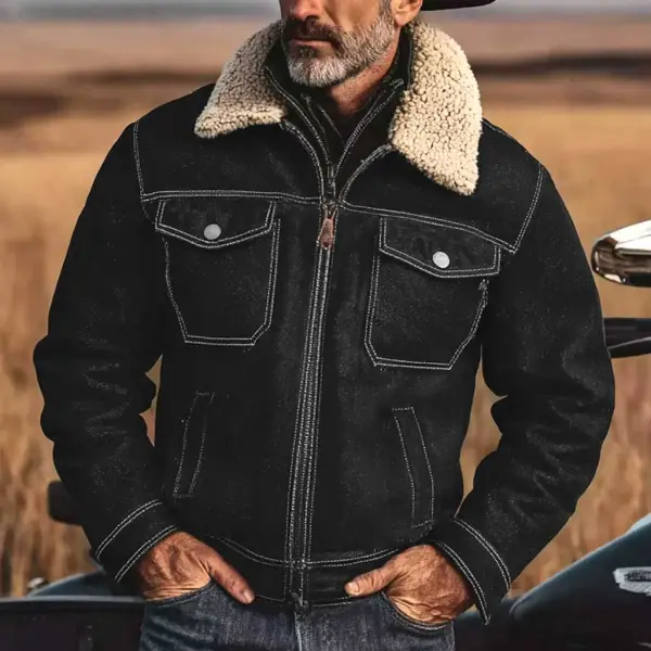 Men's Vintage Western Cowboy Black Denim Fleece Lapel Shearling Trucker Jacket - Wayrates.com 