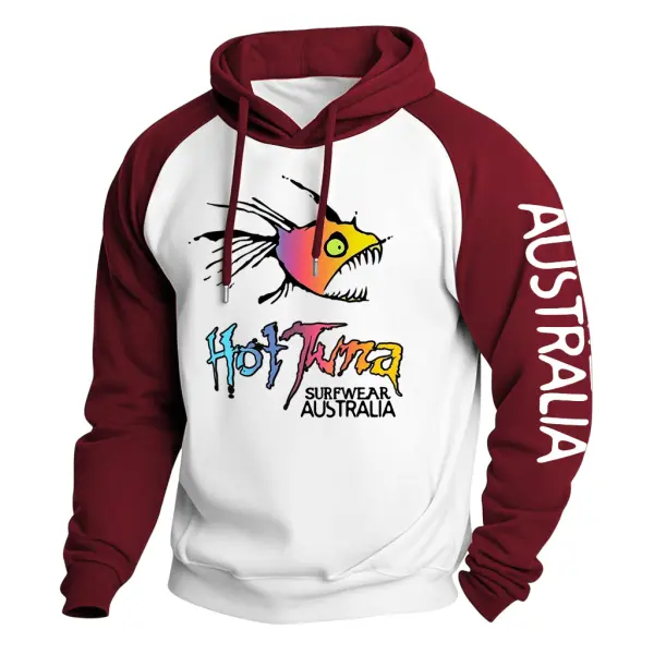 Men's Vintage Australian Surf Fish Print Pocket Raglan Sleeve Hoodie - Wayrates.com 