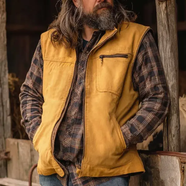 Men's Vintage Western Cowboy Yellow Pocket Stand Collar Cargo Vest - Wayrates.com 