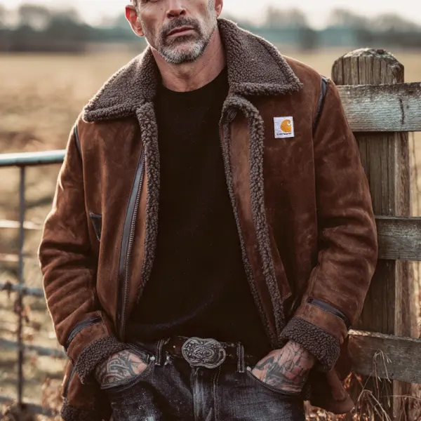 Make Old Leather Webbing Splicing Suede Winter-Ready Sherpa-Lined Jacket With Classic Style - Wayrates.com 