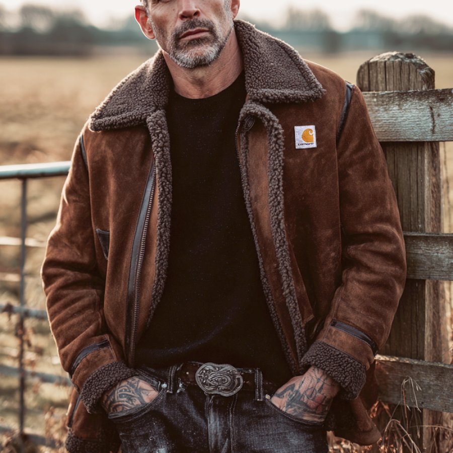 

Make Old Leather Webbing Splicing Suede Winter-Ready Sherpa-Lined Jacket With Classic Style