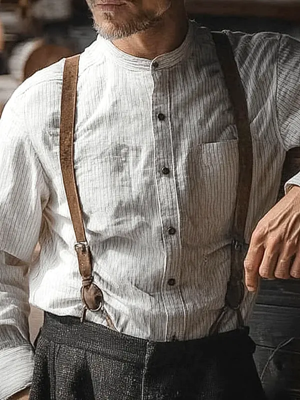Classic Striped Button-Up Shirt With Suspenders For Men - Simplyion.com 