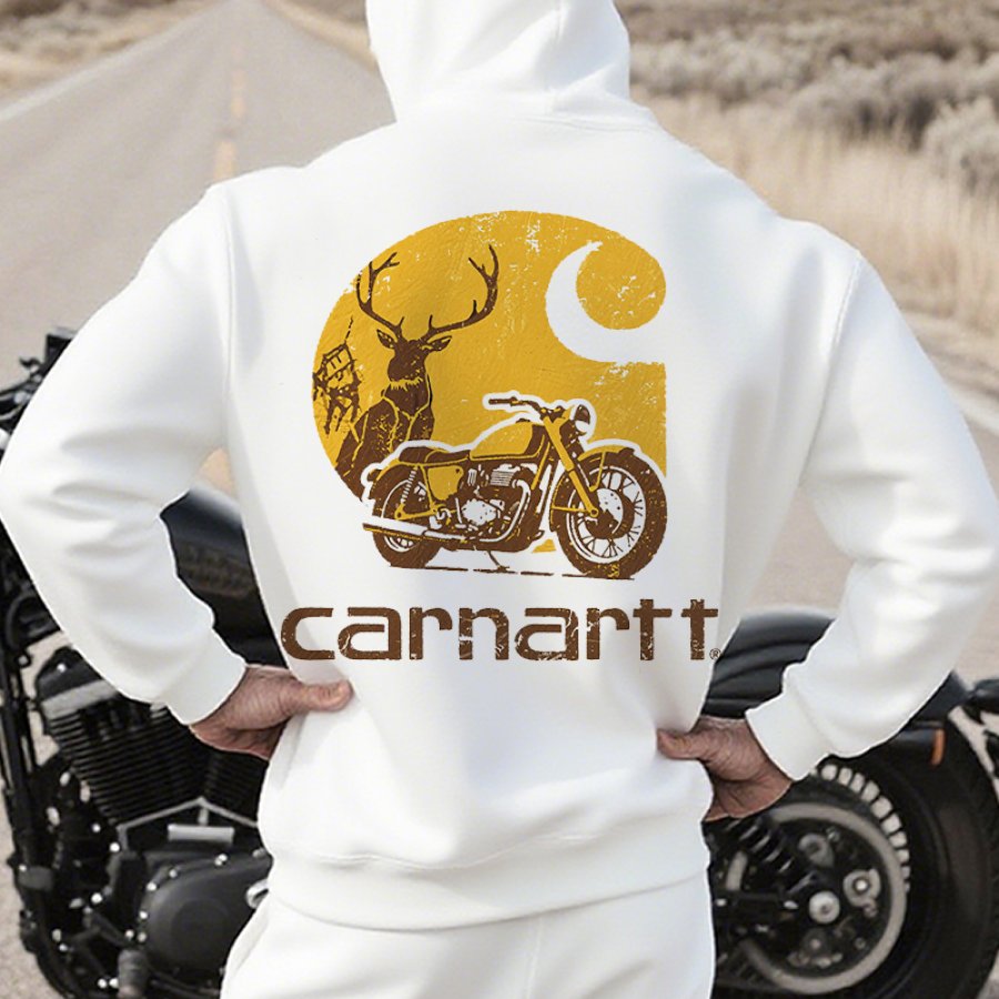 Men's Retro Motorcycle Elk Hunting Graphic Print Hoodie
