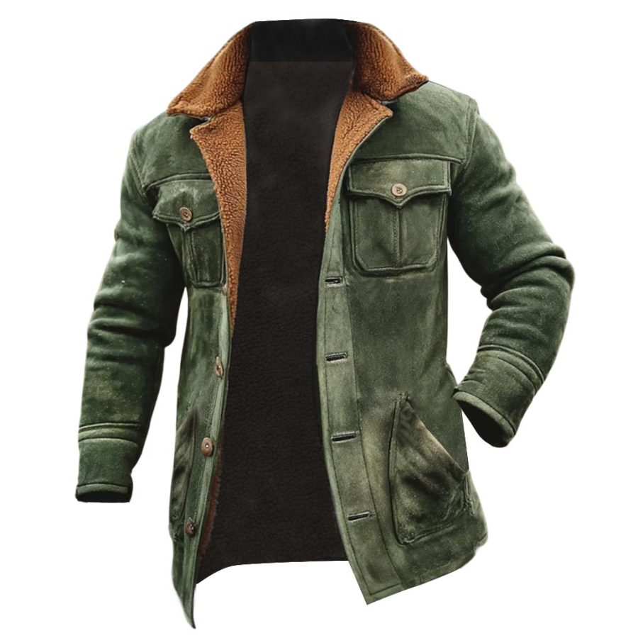 

Men's Vintage Outdoor Army Green Suede Fleece Multi-Pocket Lapel Shearling Jacket