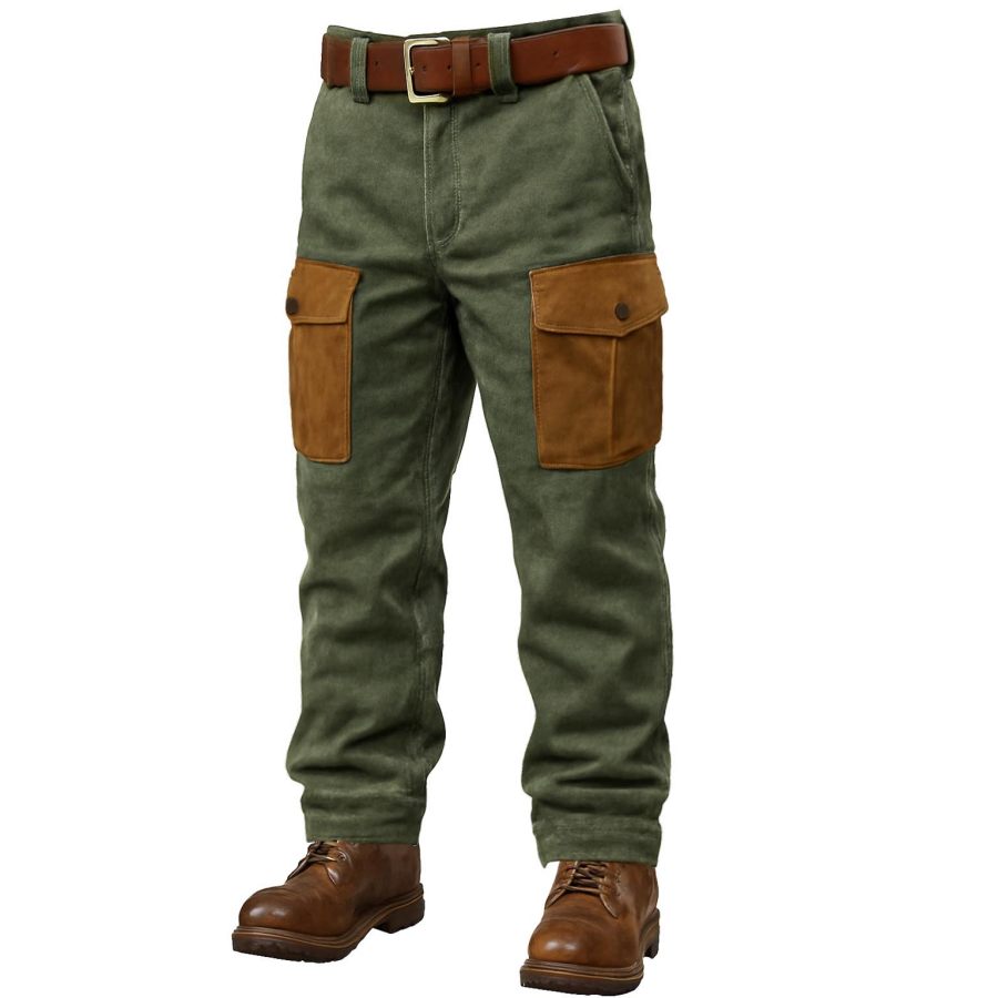 Men's Vintage Outdoor Army Green Suede Color Block Stitching Cargo Pants Trousers