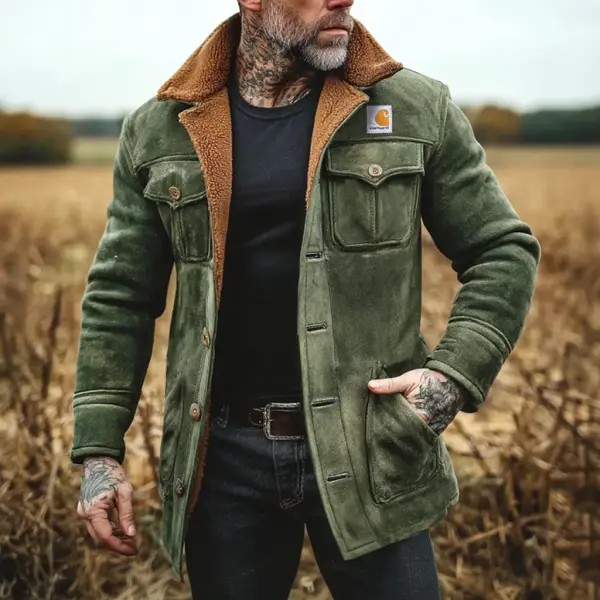 Carhartt Men's Vintage Army Green Suede Fleece Multi-Pocket Lapel Shearling Jacket - Rabclub.com 