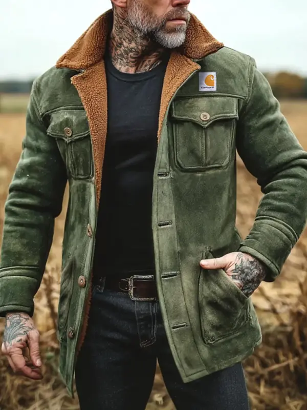 Carhartt Men's Vintage Army Green Suede Fleece Multi-Pocket Lapel Shearling Jacket - Menbarn.com 