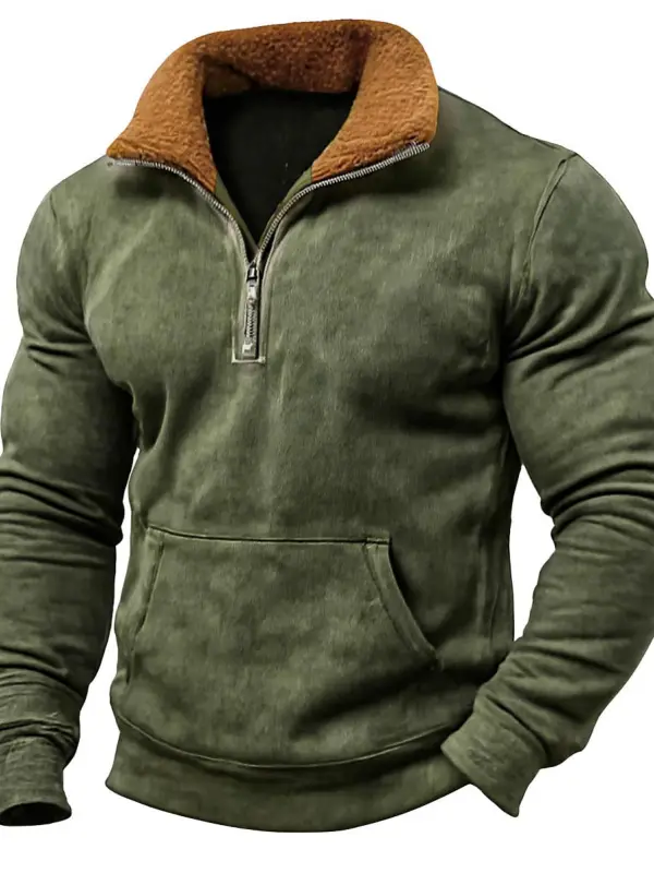 Men's Vintage Outdoor Army Green Suede Color Block Stitching Pocket Quarter Zip Stand Collar Long Sleeve Sweatshirt - Wantbright.com 