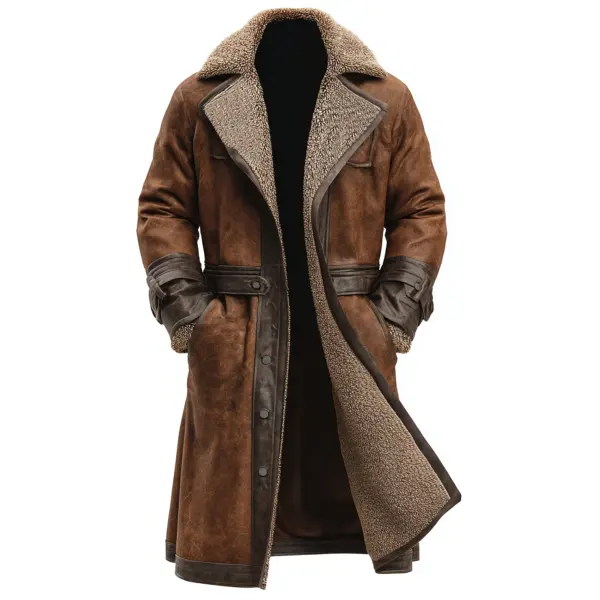 Men's Vintage Brown Suede Shearling Coat With Leather Trim - Wayrates.com 