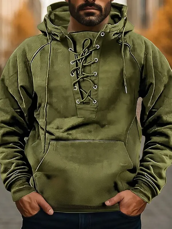 Men's Vintage Military Green Lace-Up Hoodie With Pockets - Simplyion.com 