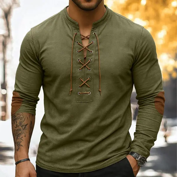 Men's Vintage Military Green Lace-Up Henley T-Shirt - Wayrates.com 