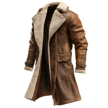 Men's Vintage Brown Suede Leather Coat With Faux Fur Lining