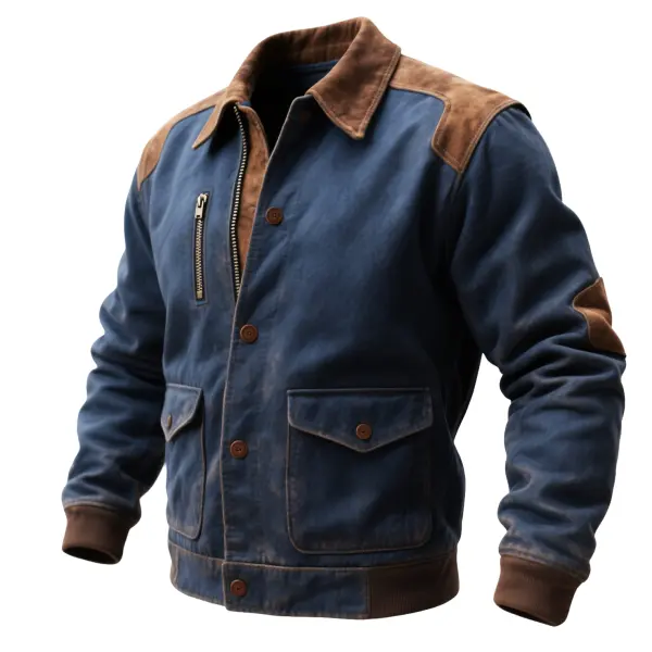 Men's Vintage Blue Denim Bomber Jacket With Brown Suede Accents - Wayrates.com 