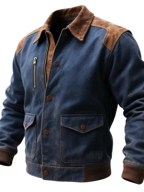 Men's Vintage Blue Denim Bomber Jacket With Brown Suede Accents - Wantbright.com 