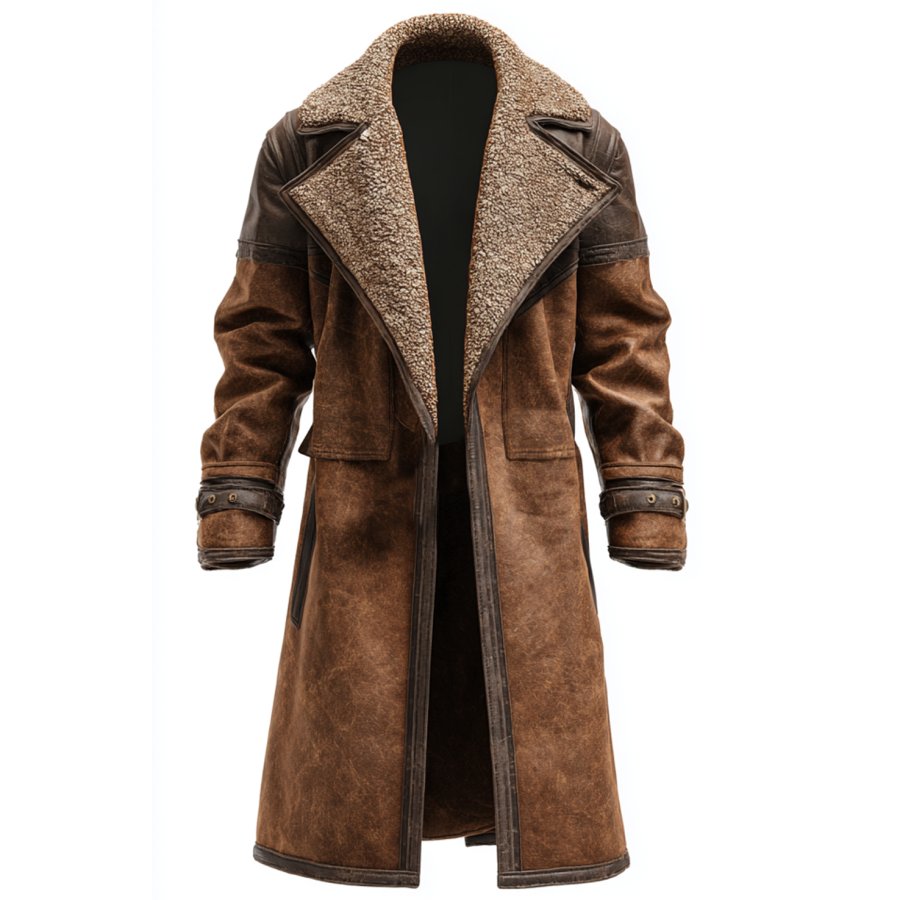Men's Vintage Brown Leather Coat With Fur Collar