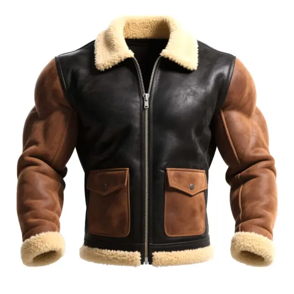 Men's Vintage Western Cowboy Brown Suede Black Leather Shearling Jacket - Wayrates.com 
