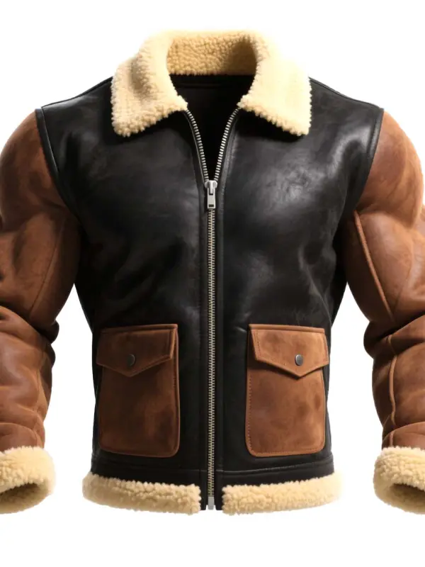 Men's Vintage Western Cowboy Brown Suede Black Leather Shearling Jacket - Wantbright.com 