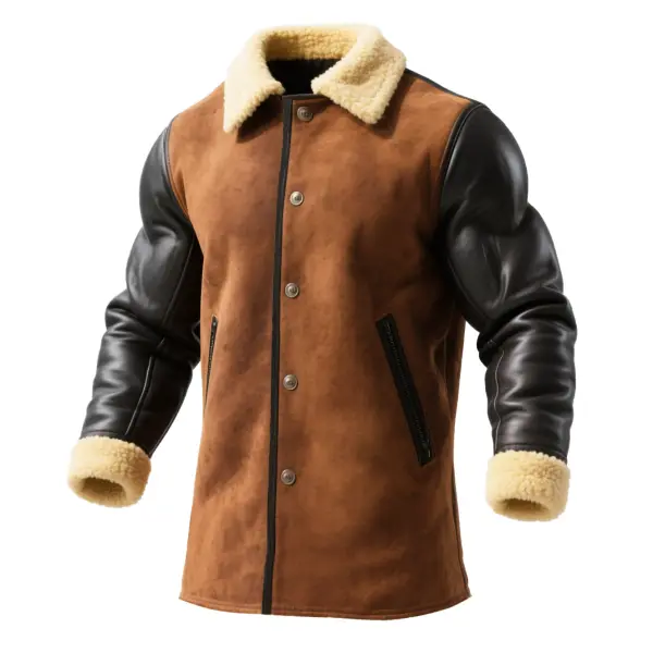Men's Vintage Western Cowboy Brown Suede Fleece Zip Pockets Leather Shearling Jacket - Upgradecool.com 