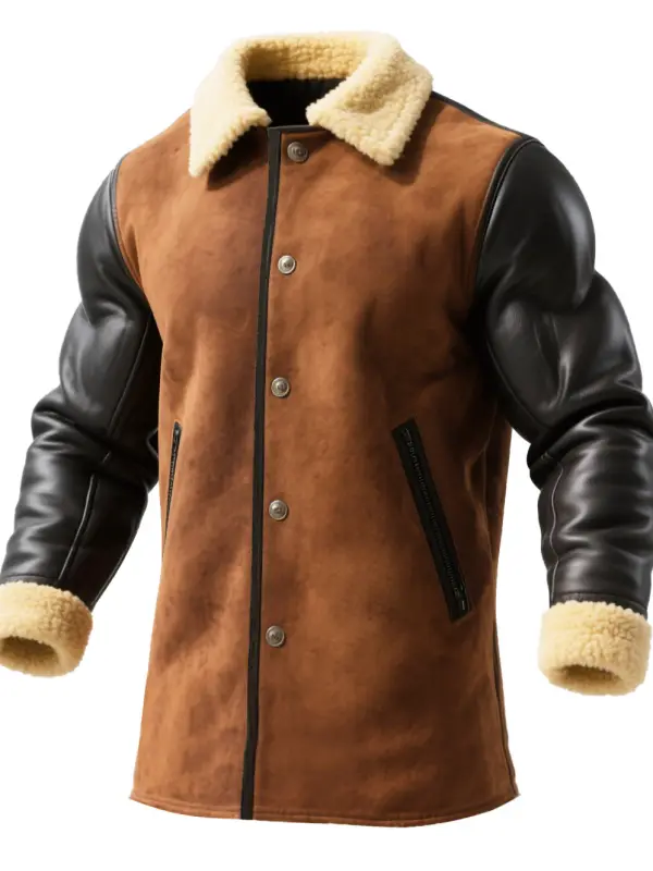 Men's Vintage Western Cowboy Brown Suede Fleece Zip Pockets Leather Shearling Jacket - Wantbright.com 