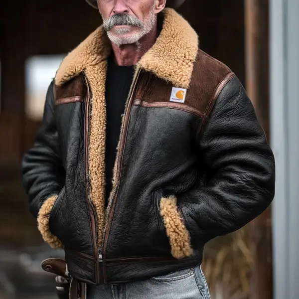 Men's Vintage Western Cowboy Leather Block Fleece Faux Shearling Collar Jacket - Wayrates.com 
