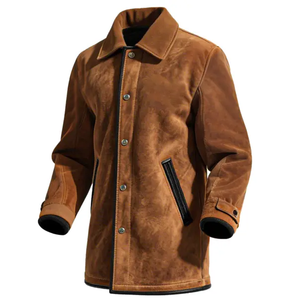 Men's Vintage Western Cowboy Brown Suede Black Trim Leather Snap Buttons Mid-Length Jacket Coat - Upgradecool.com 