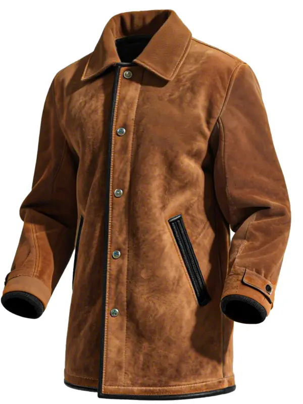 Men's Vintage Western Cowboy Brown Suede Black Trim Leather Snap Buttons Mid-Length Jacket Coat - Simplyion.com 