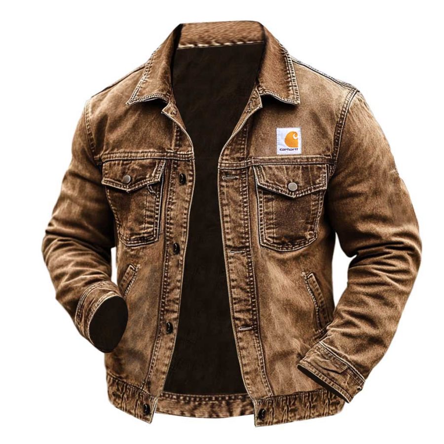 Carhartt Men's Vintage Western Cowboy Multi-Pocket Distressed Lapel Outdoor Jacket