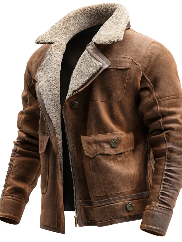 Men's Vintage Brown Suede Leather Jacket With Shearling Collar - Wantbright.com 