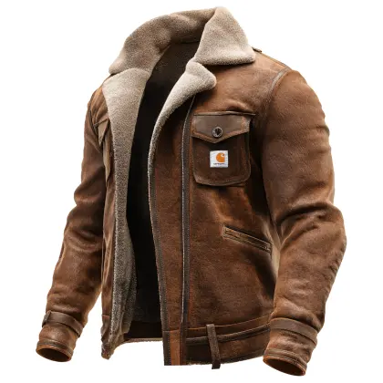 Carhartt Men's Vintage Brown Suede Leather Jacket With Sherpa Lining
