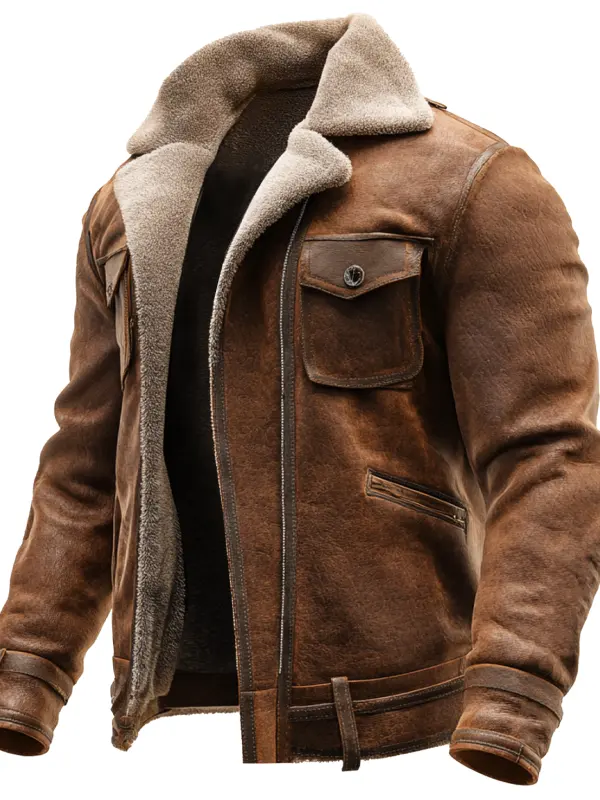 Men's Vintage Brown Suede Leather Jacket With Faux Shearling Lining - Simplyion.com 