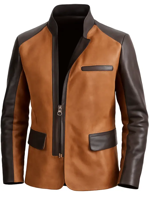 Men's Vintage Western Cowboy Brown And Black Leather Jacket - Simplyion.com 